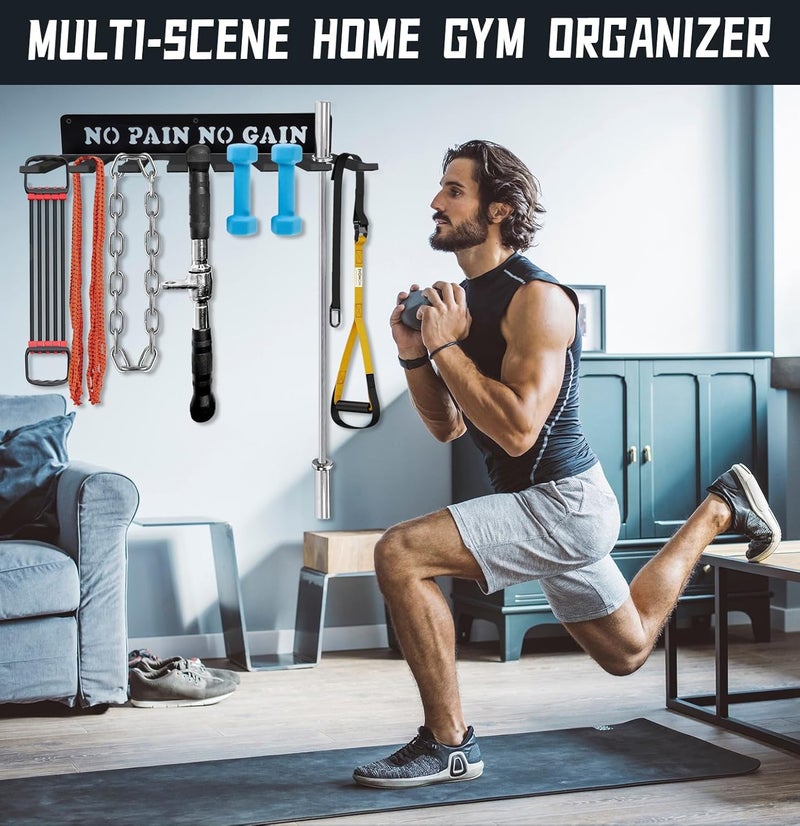 WIPHANY Black Rack 8 Hooks Metal Heavy-gauge Workout Rack Wall Mount Organizer Multi-Purpose Workout Gear Storage for Sports Gears Barbells Lifting Belt Fitness Band Carabiners Included With Uplifting Words - Image 5